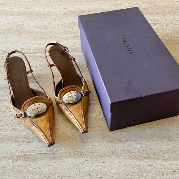 Vintage Prada Silver Logo Slingback Kitten Heels - Picture 2 of 8